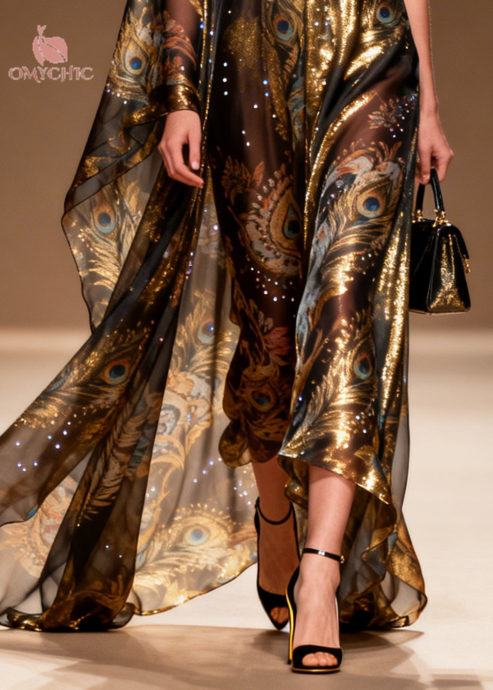 Peacock Print Sequin Deep V-Neck One Shoulder Cape Maxi Gown - View 4