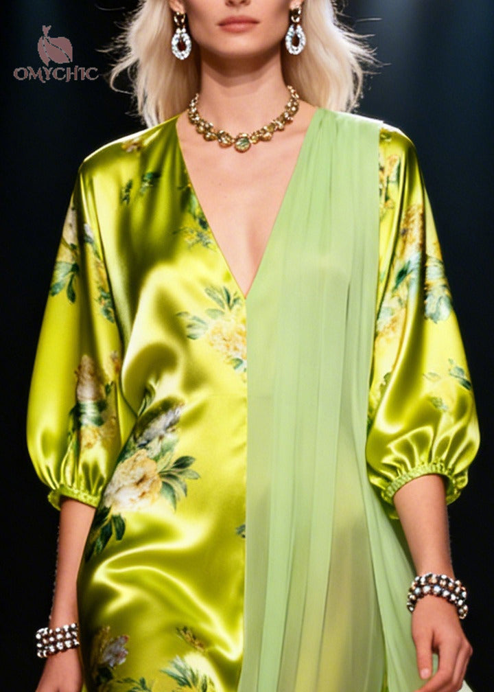 Floral Print Deep V-Neck Puff Sleeve Asymmetric Sheer Maxi Gown - View 2