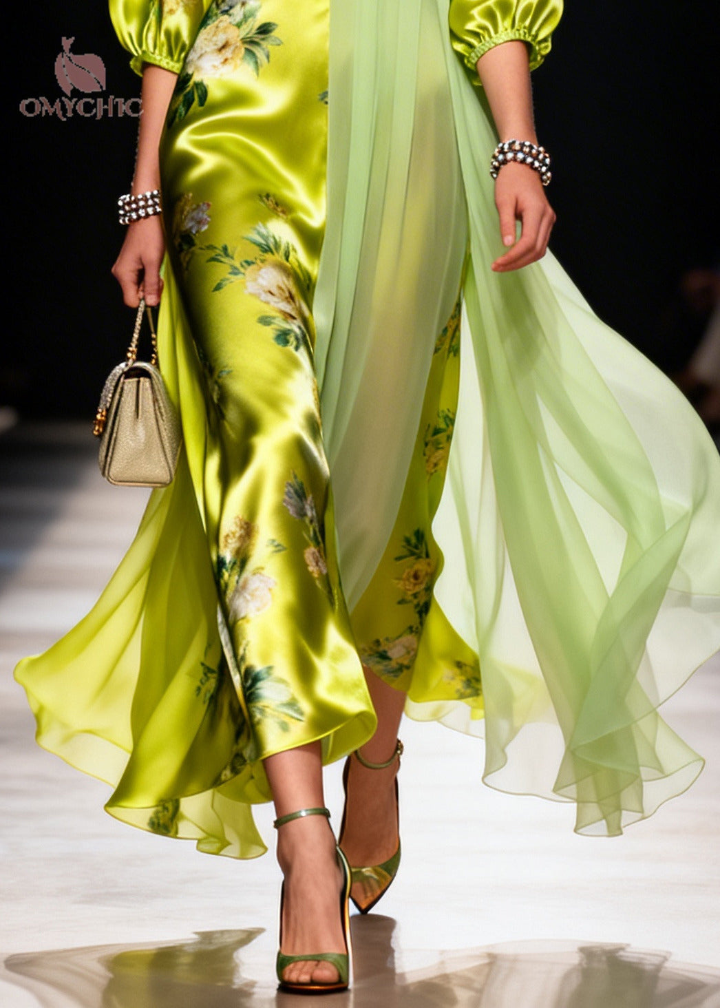 Floral Print Deep V-Neck Puff Sleeve Asymmetric Sheer Maxi Gown - View 4