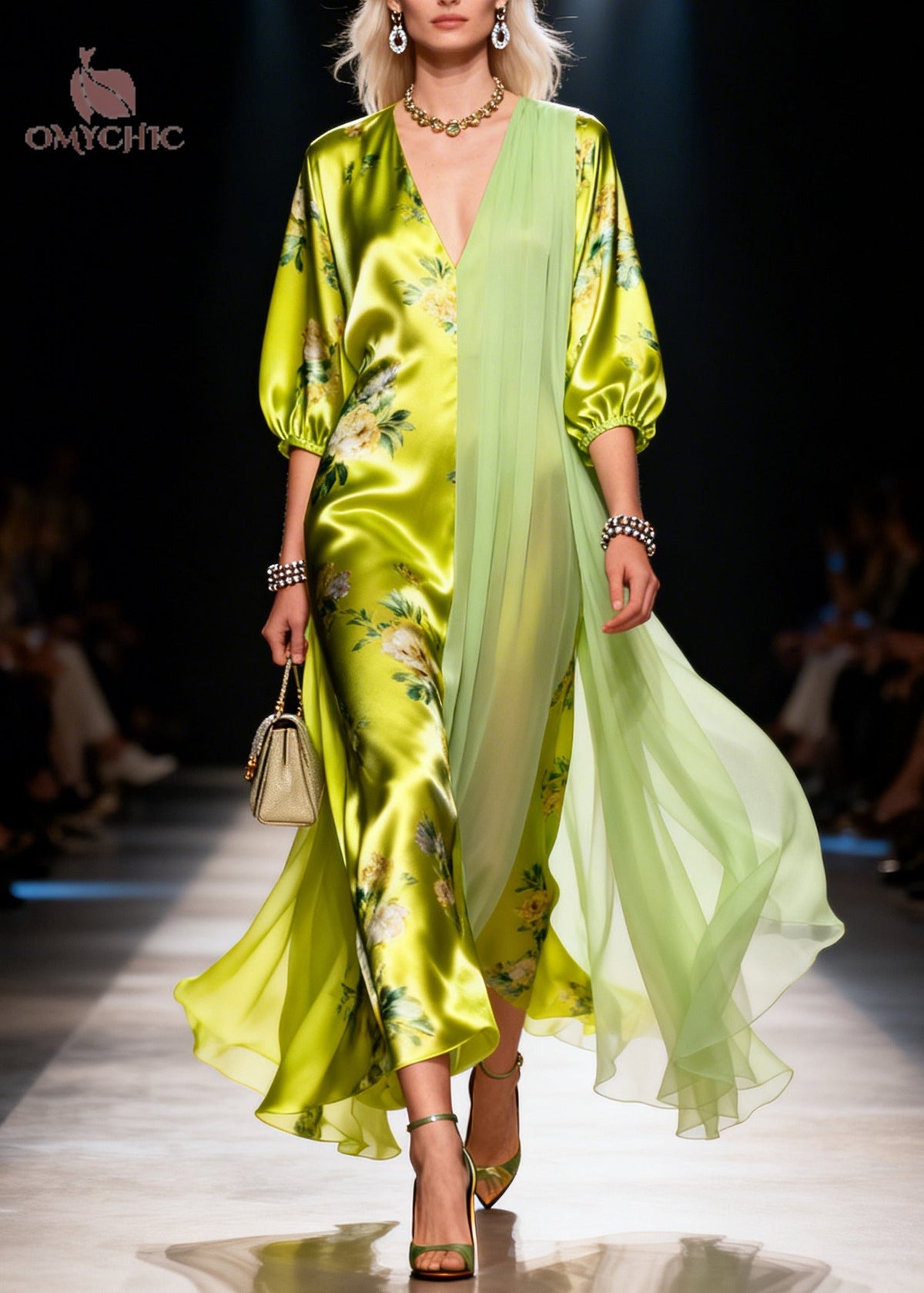 Floral Print Deep V-Neck Puff Sleeve Asymmetric Sheer Maxi Gown - View 5