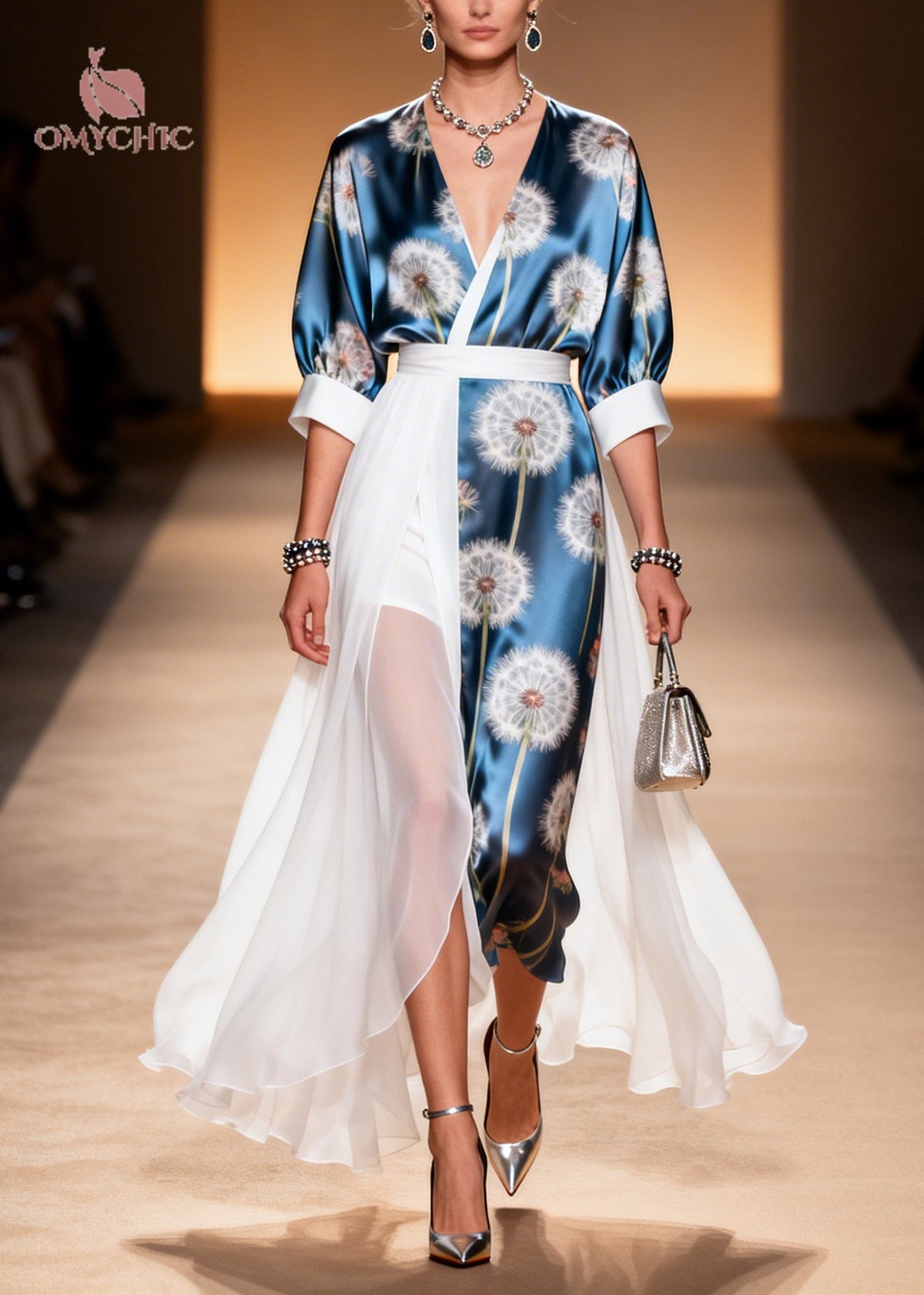 Chiffon Dandelion Print Wrap V-Neck Puff Sleeve Belted Maxi Dress - View 5