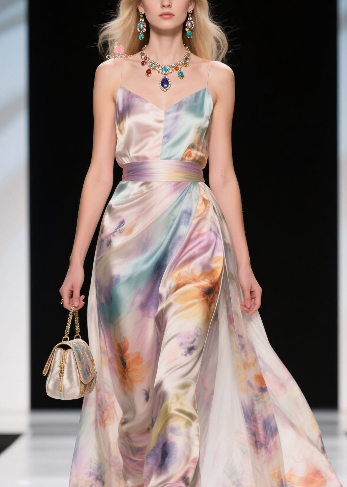Satin Spaghetti Strap V-Neck Pleated Waist Band Maxi Gown - View 2