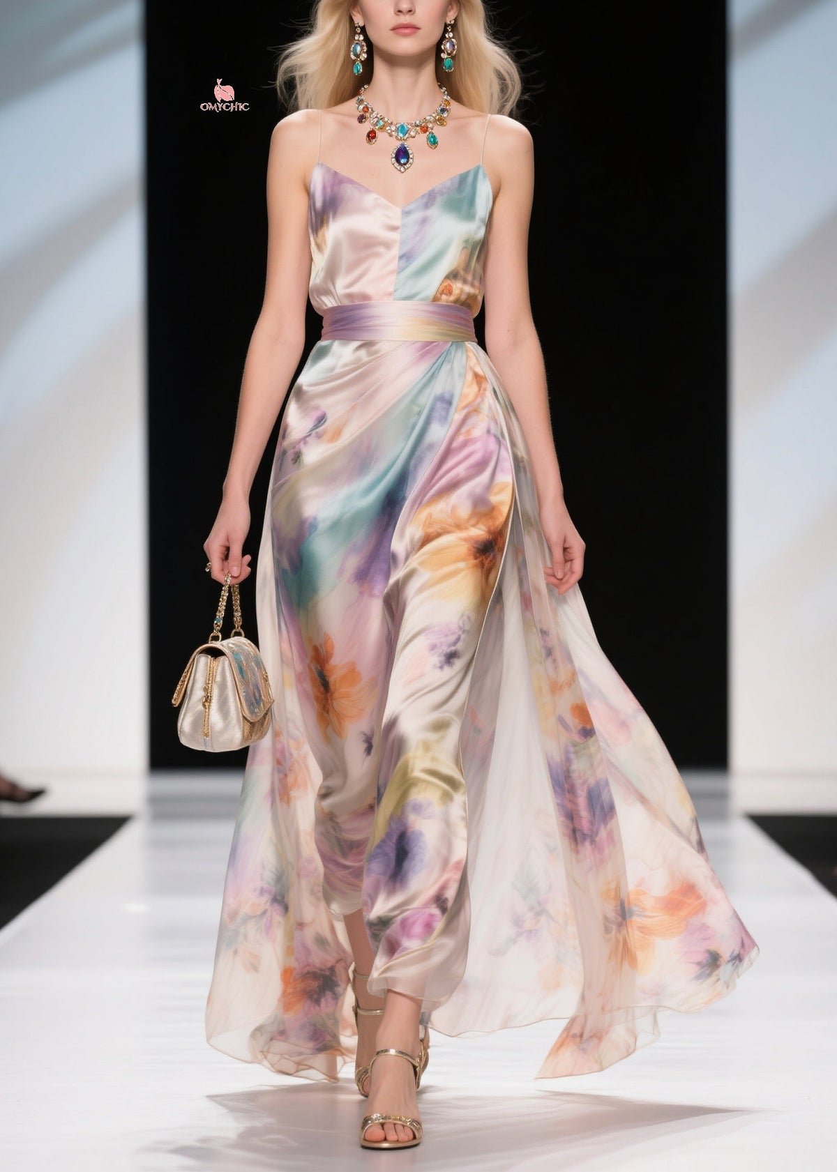 Satin Spaghetti Strap V-Neck Pleated Waist Band Maxi Gown - View 5