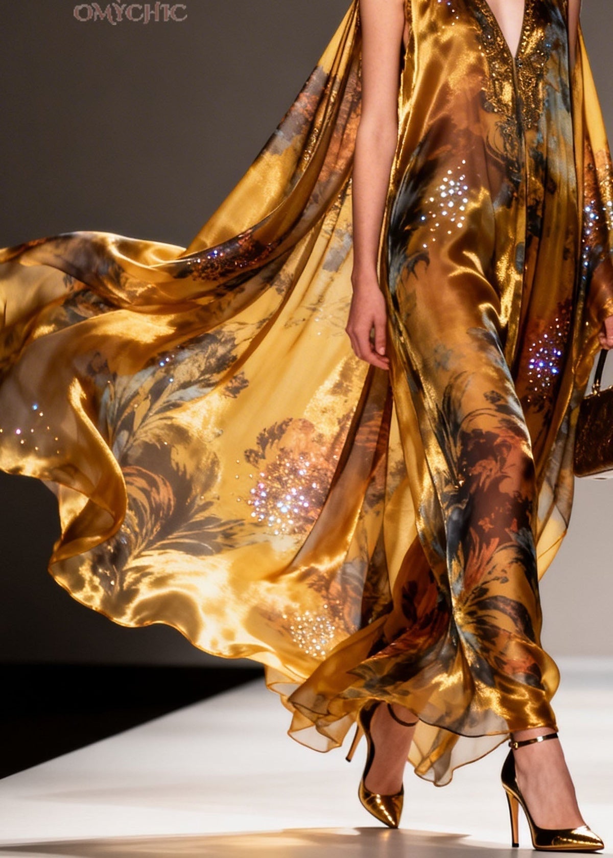 Organic Yellow V Neck Print Zircon Chiffon Maxi Dresses Summer - View 4