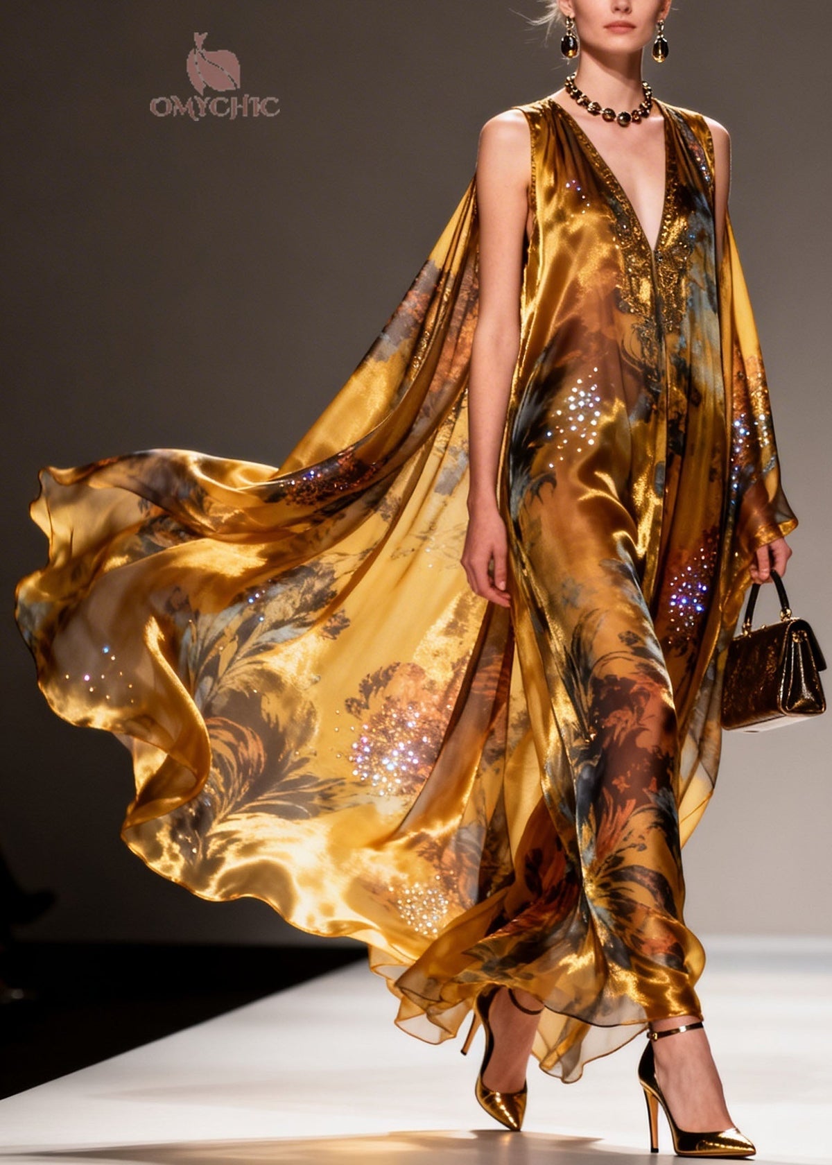 Organic Yellow V Neck Print Zircon Chiffon Maxi Dresses Summer - View 5
