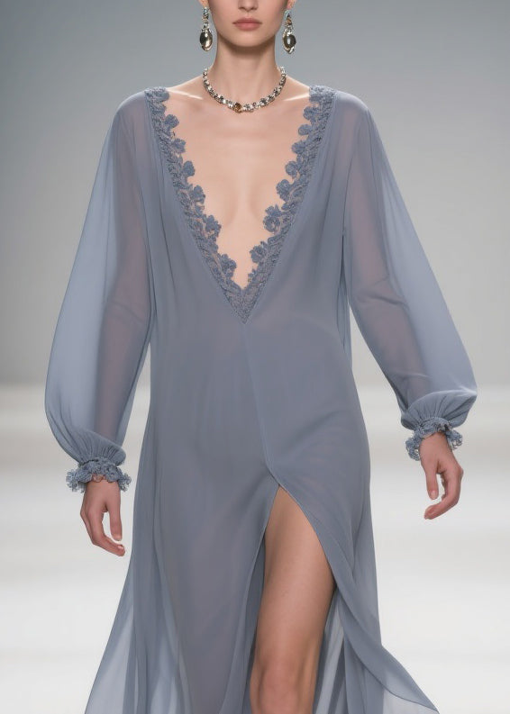 Sheer Lace Trim Deep V-Neck Long Sleeve Lantern Cuff Maxi Gown - View 2