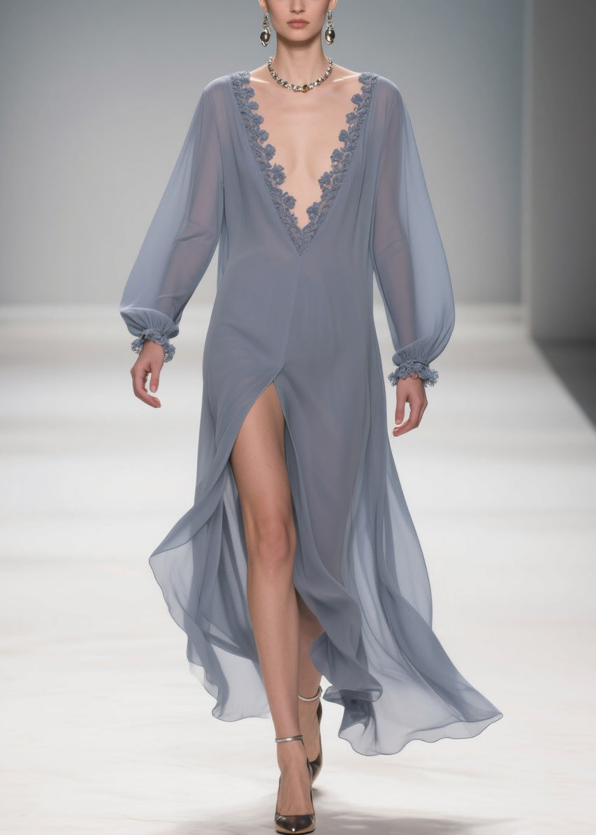 Sheer Lace Trim Deep V-Neck Long Sleeve Lantern Cuff Maxi Gown - View 3