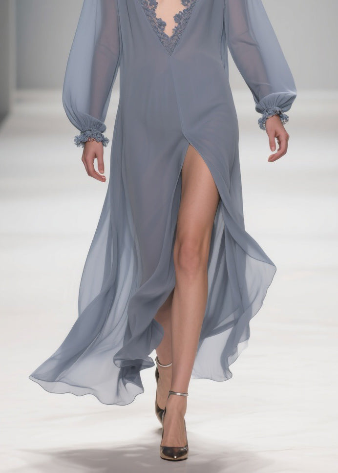 Sheer Lace Trim Deep V-Neck Long Sleeve Lantern Cuff Maxi Gown - View 4