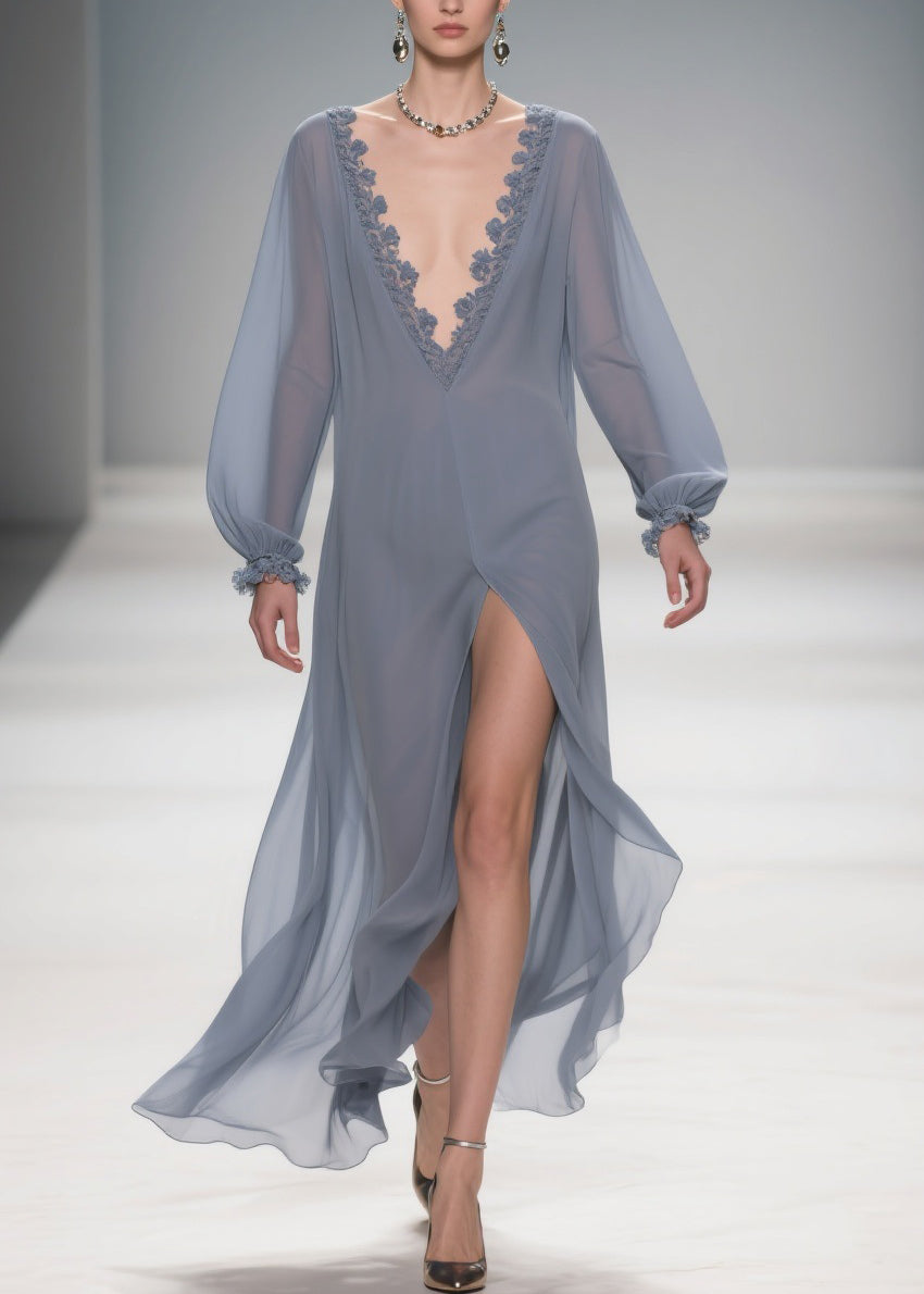 Sheer Lace Trim Deep V-Neck Long Sleeve Lantern Cuff Maxi Gown - View 5