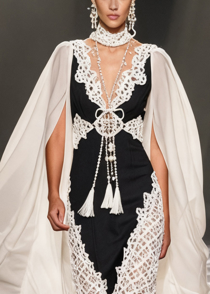 Deep V-Neck Lace Applique Tassel Cape Sleeve Bodycon Midi Dress - View 2