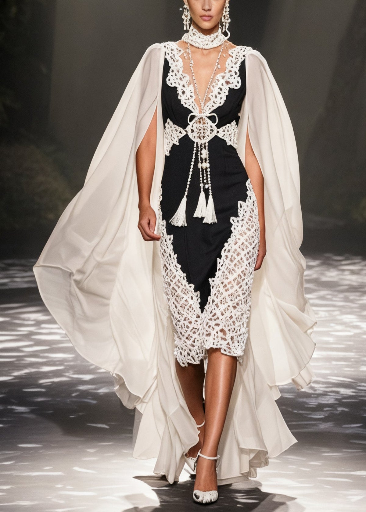 Deep V-Neck Lace Applique Tassel Cape Sleeve Bodycon Midi Dress - View 5