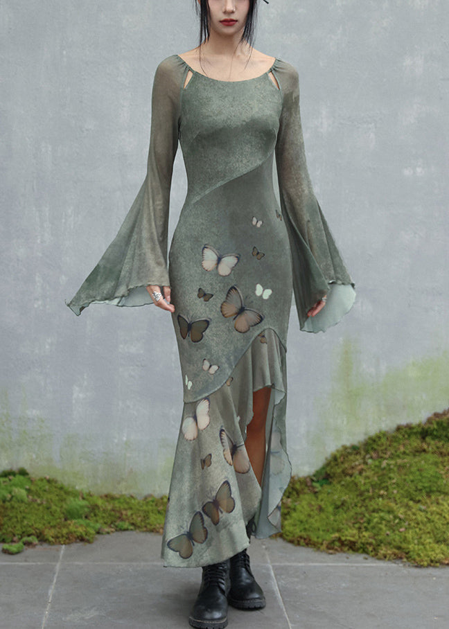Original Design Green O-Neck Butterfly Tulle Maxi Dresses Flare Sleeve - View 4