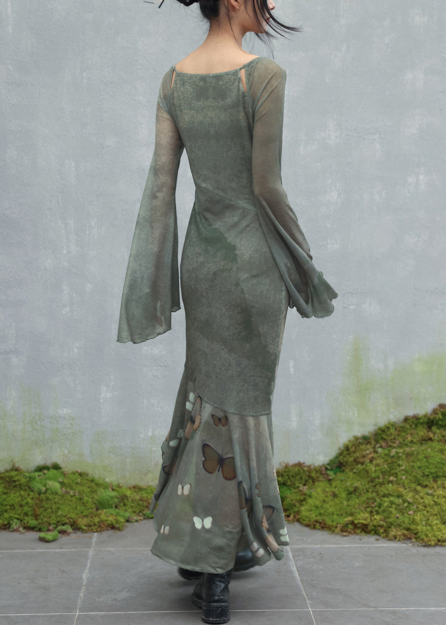 Original Design Green O-Neck Butterfly Tulle Maxi Dresses Flare Sleeve - View 5