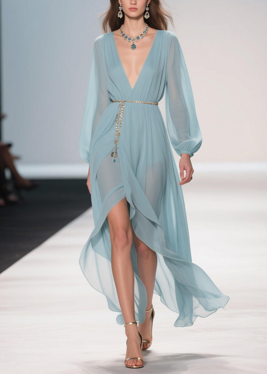 Chiffon Deep V-Neck Bishop Sleeve Chain Belt Wrap High Split Maxi Gown - View 3