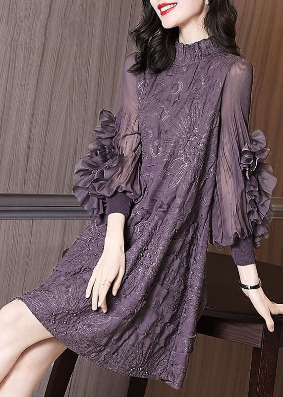 Original Purple Stand Collar Embroidered Nail Bead Maxi Dress
