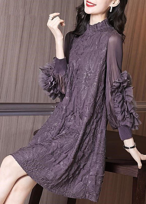 Original Purple Stand Collar Embroidered Nail Bead Maxi Dress - View 2