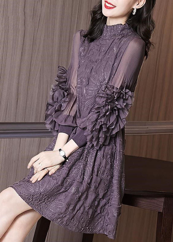 Original Purple Stand Collar Embroidered Nail Bead Maxi Dress - View 3