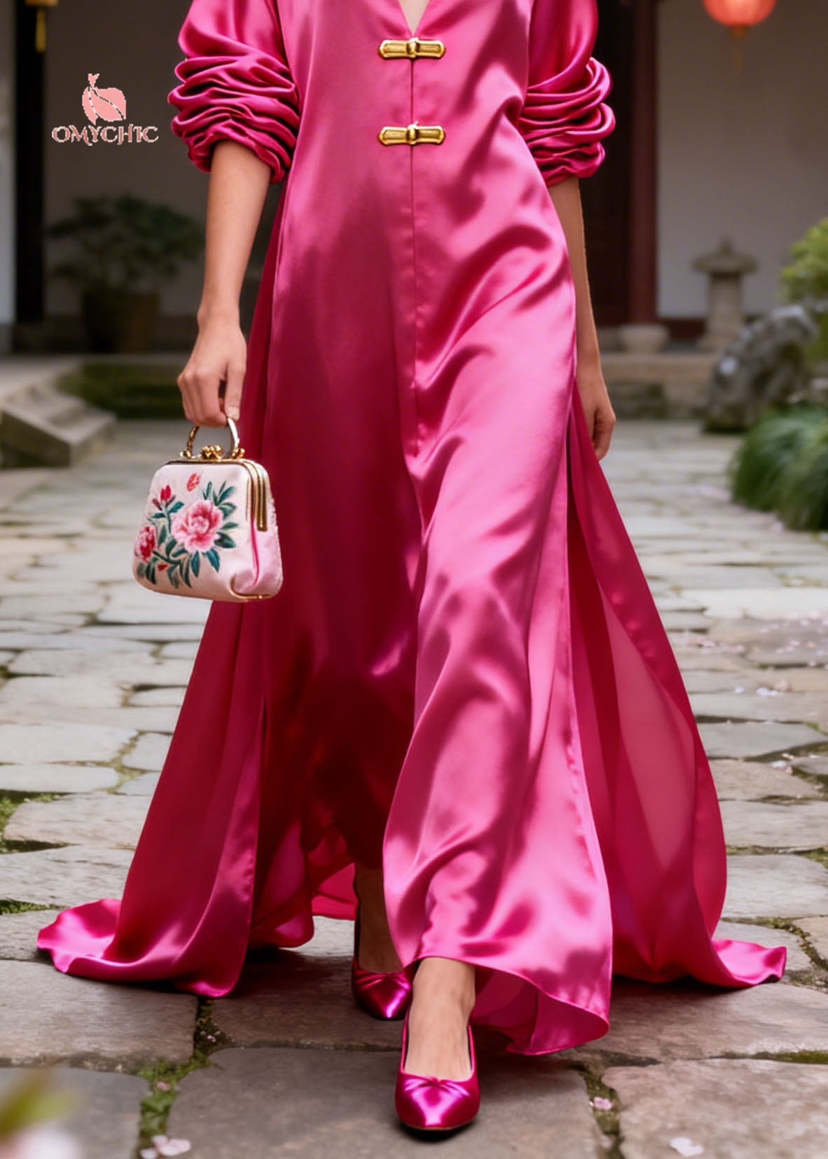 Satin V-Neck Ruched Long Sleeve Bar Closure High Split Maxi Gown - View 4