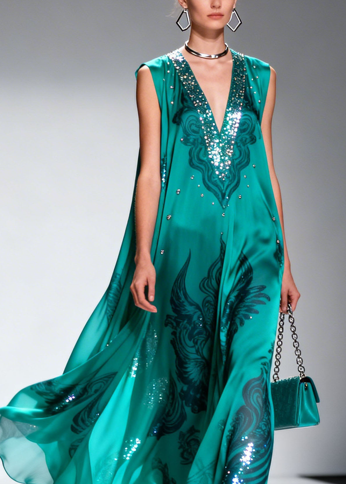 Sequin Trim Deep V-Neck Sleeveless Paisley Print Flowy Maxi Gown - View 2