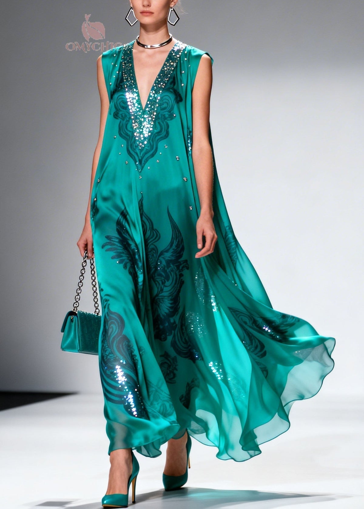Sequin Trim Deep V-Neck Sleeveless Paisley Print Flowy Maxi Gown - View 3
