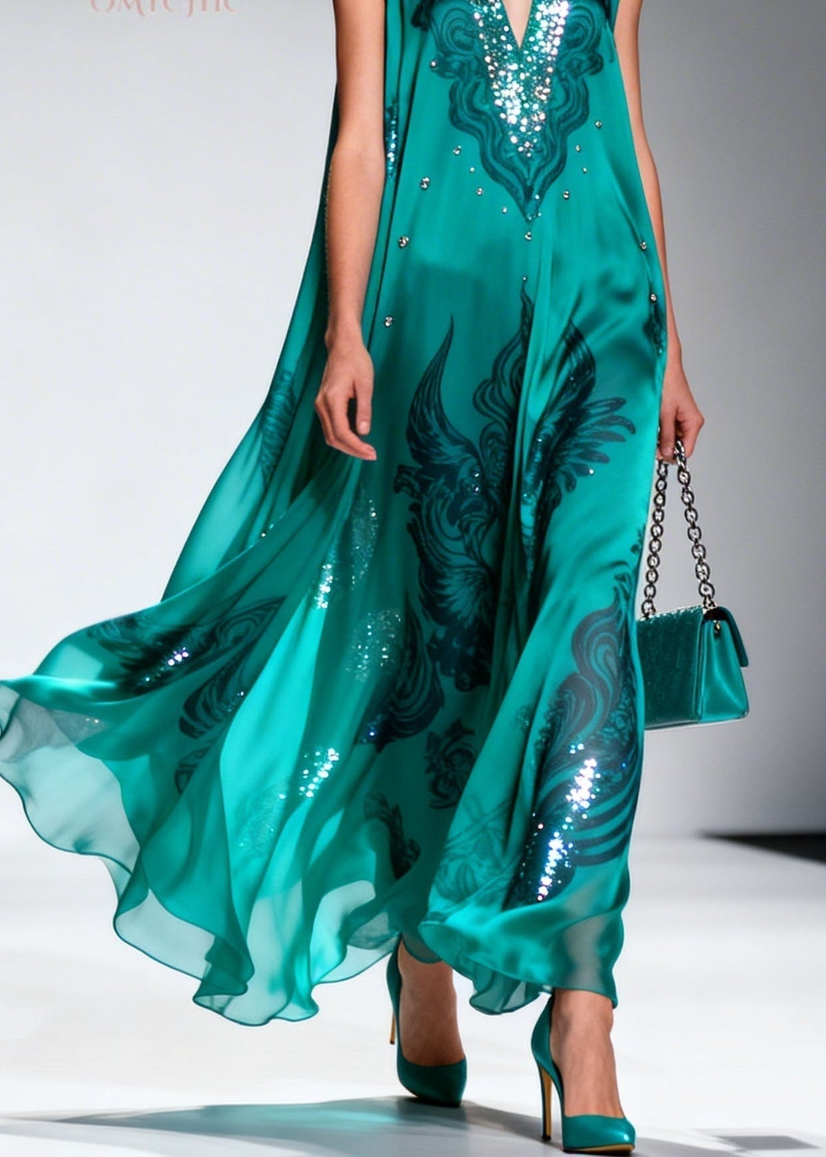 Sequin Trim Deep V-Neck Sleeveless Paisley Print Flowy Maxi Gown - View 4