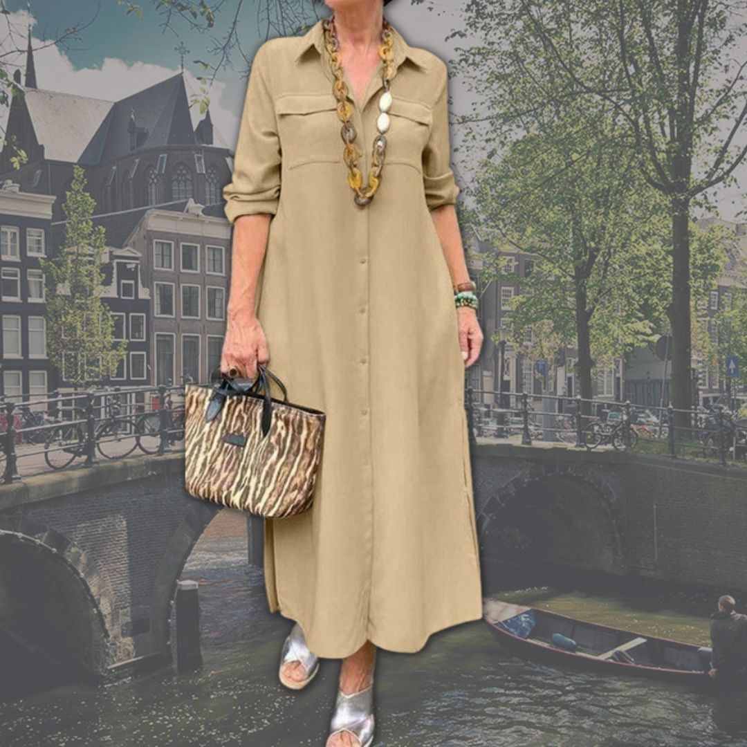 Collar Button Front Flap Pocket Long Sleeve Woven Maxi Shirt Dress - View 2