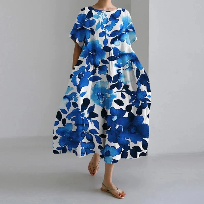 Floral Print Short Sleeve Pocket Pleated Midi Dress 11
