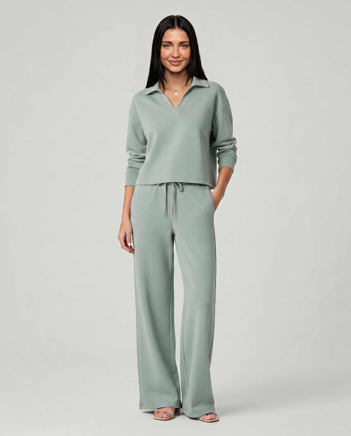 Collared Sweatshirt Top and Wide Leg Pants Two Piece Set 5