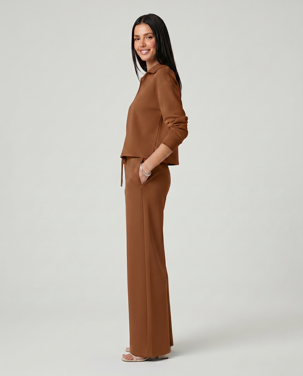 Collared Sweatshirt Top and Wide Leg Pants Two Piece Set 16