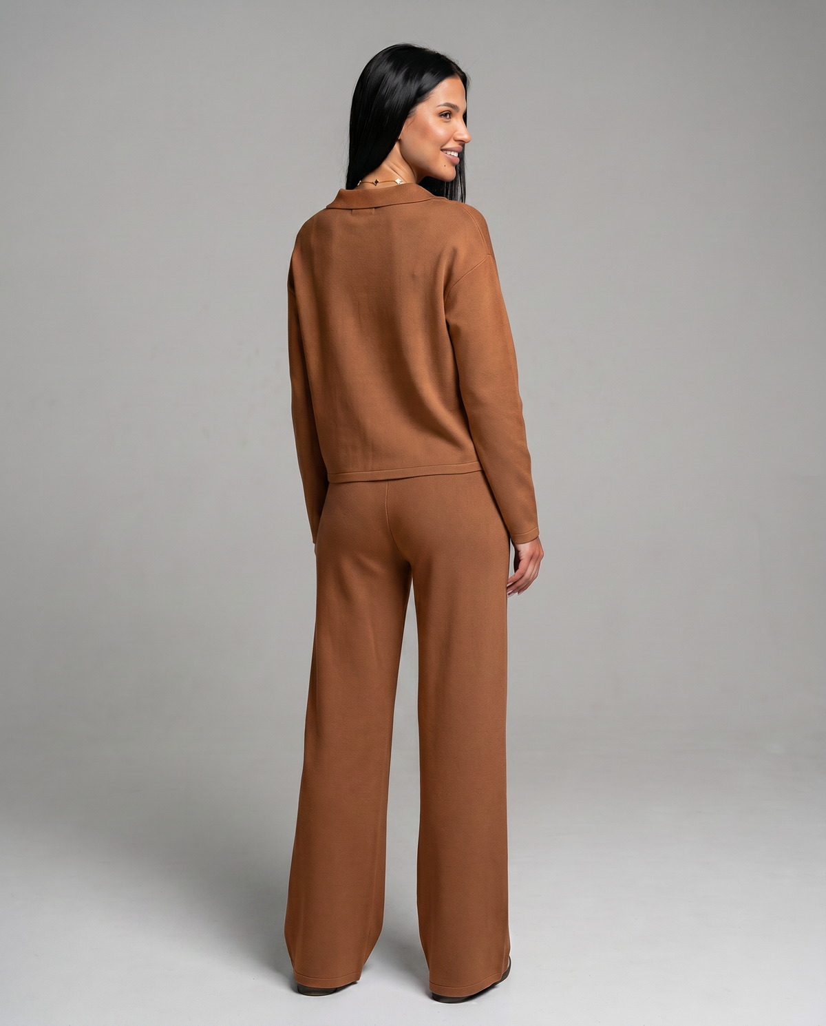 Collared Sweatshirt Top and Wide Leg Pants Two Piece Set 15