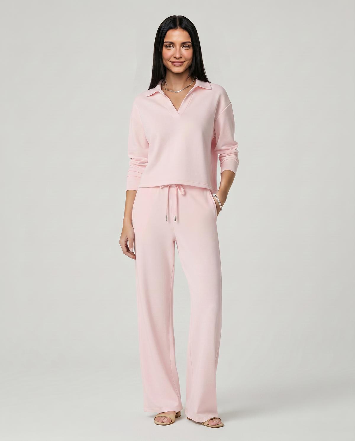 Collared Sweatshirt Top and Wide Leg Pants Two Piece Set 20