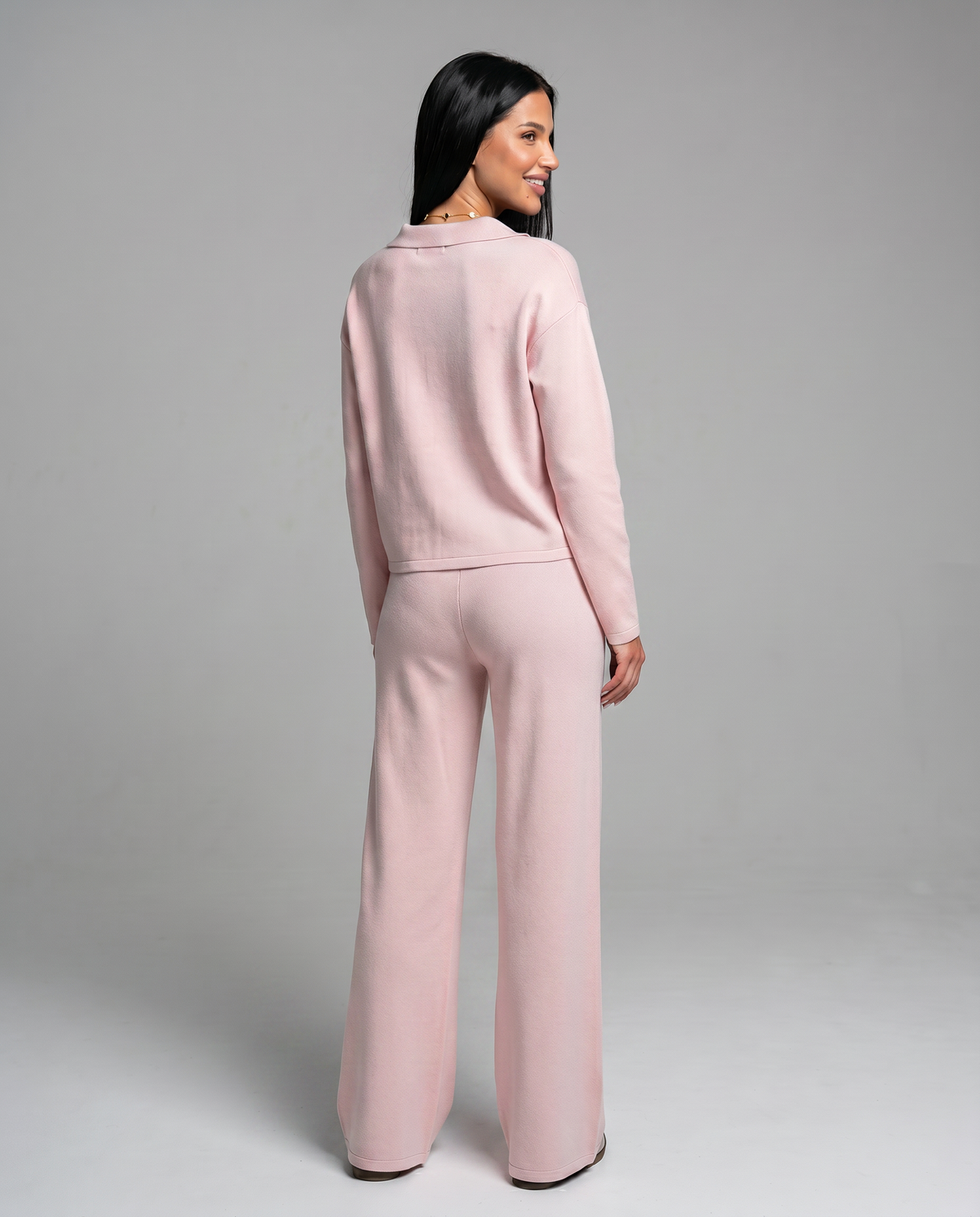 Collared Sweatshirt Top and Wide Leg Pants Two Piece Set 21