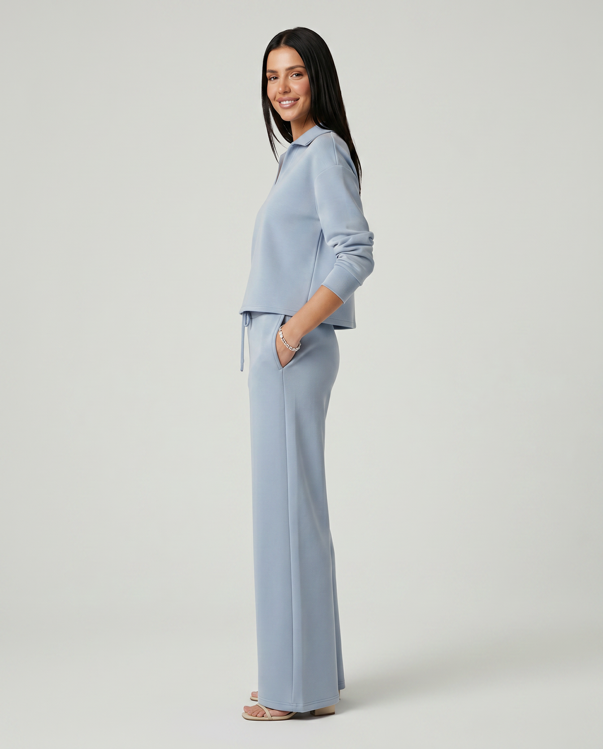 Collared Sweatshirt Top and Wide Leg Pants Two Piece Set 4