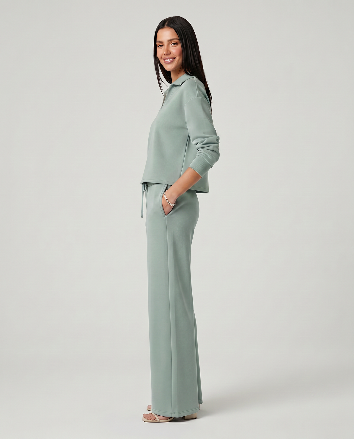 Collared Sweatshirt Top and Wide Leg Pants Two Piece Set 7