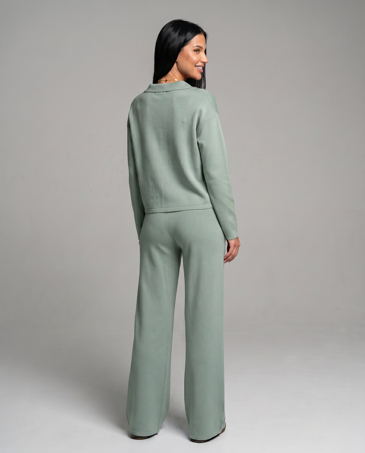Collared Sweatshirt Top and Wide Leg Pants Two Piece Set 6