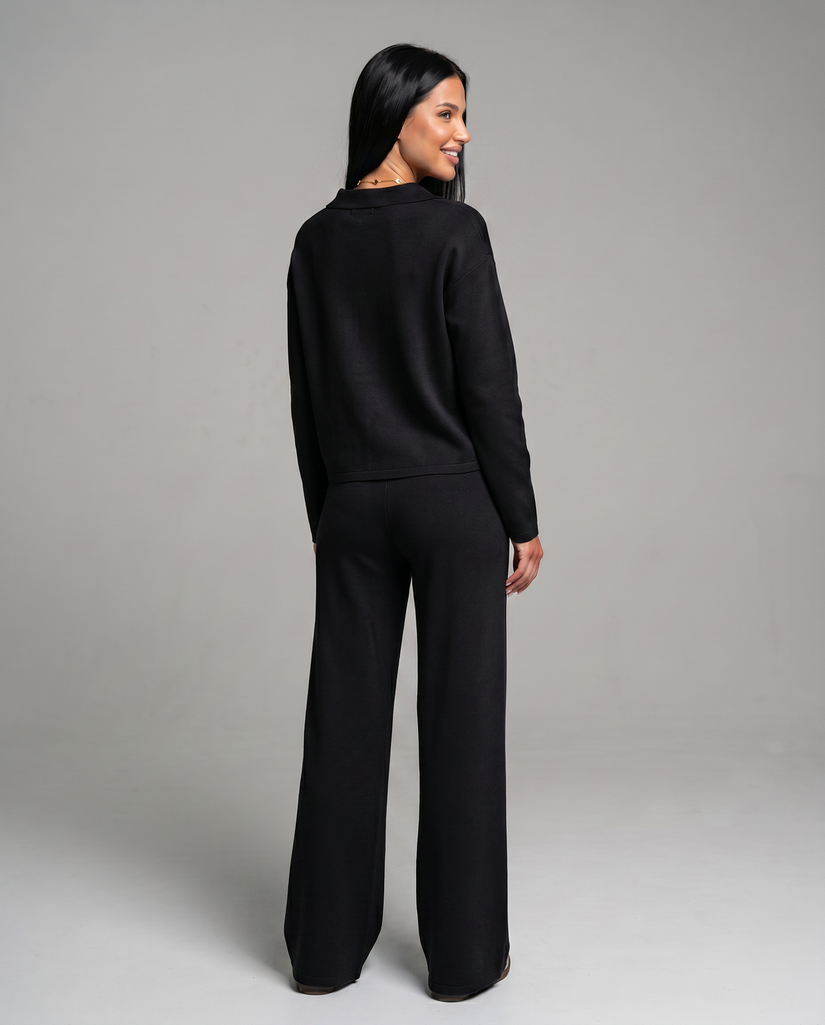 Collared Sweatshirt Top and Wide Leg Pants Two Piece Set 9