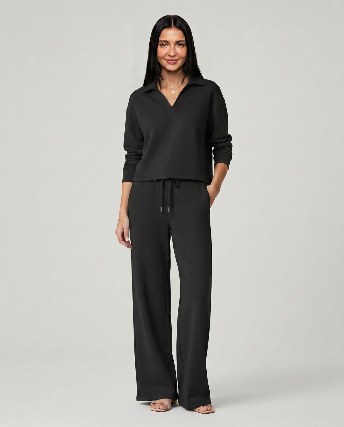 Collared Sweatshirt Top and Wide Leg Pants Two Piece Set 8