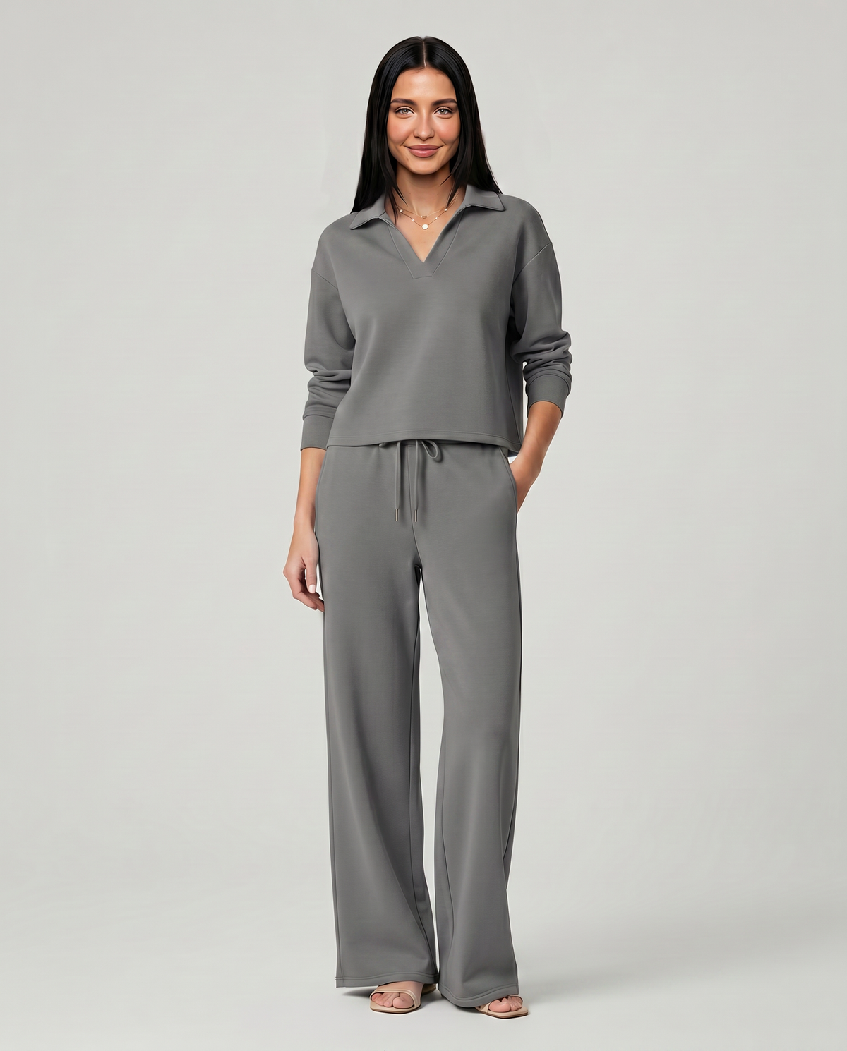 Collared Sweatshirt Top and Wide Leg Pants Two Piece Set 11