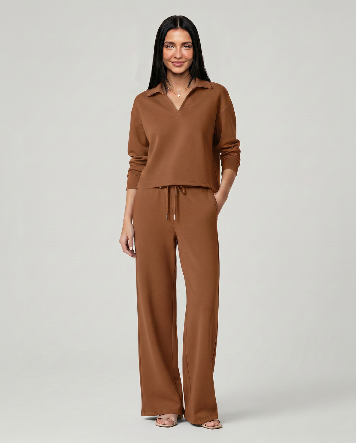Collared Sweatshirt Top and Wide Leg Pants Two Piece Set 14