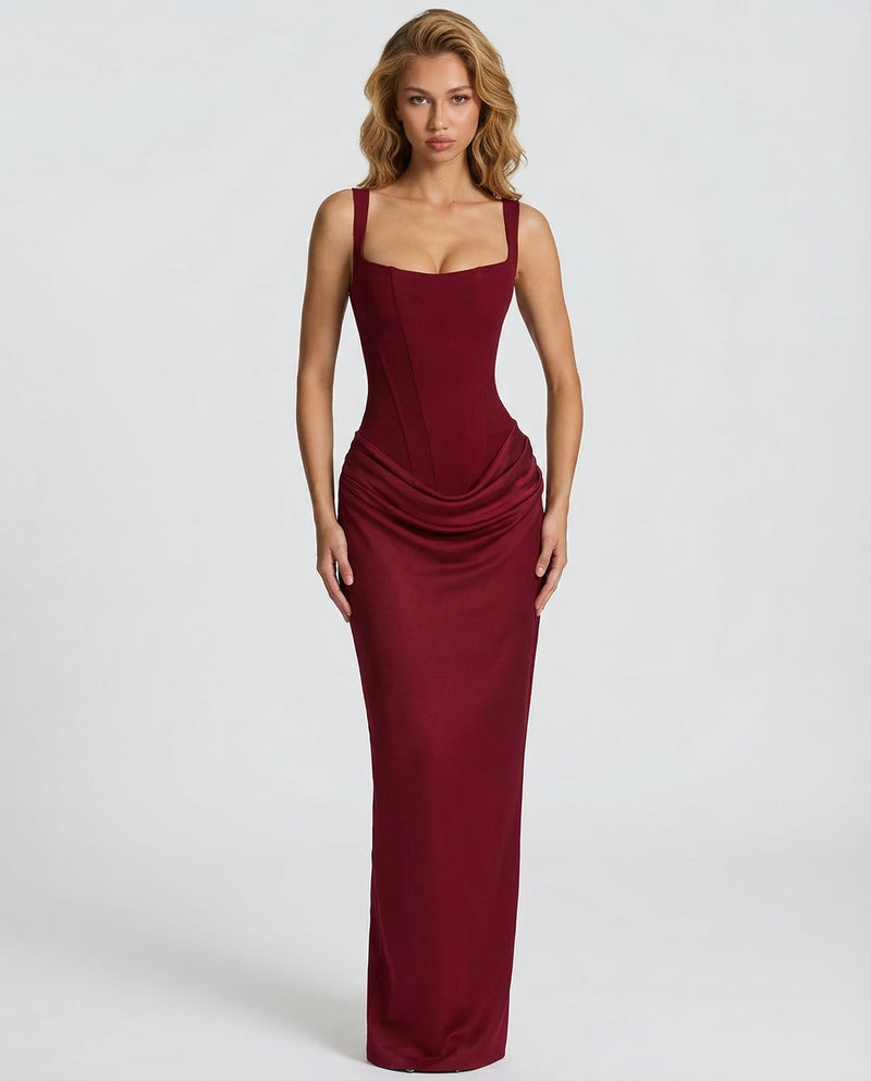 Square Neck Corset Bodice Ruched Satin Maxi Gown 17