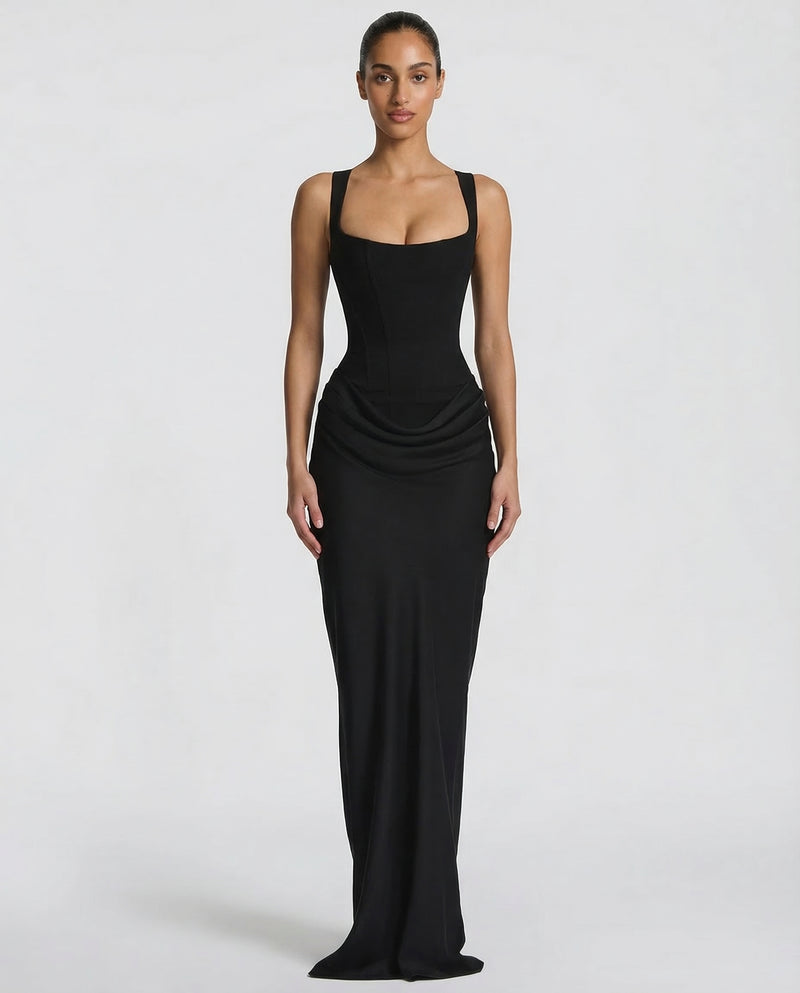 Square Neck Corset Bodice Ruched Satin Maxi Gown 6