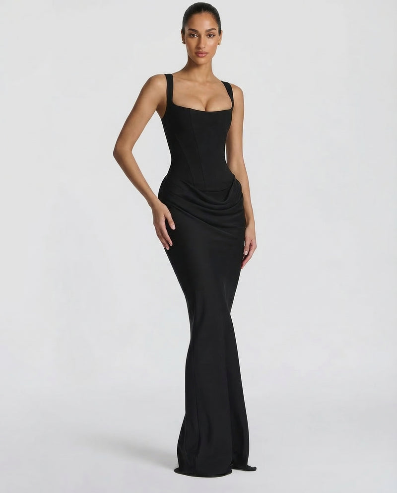Square Neck Corset Bodice Ruched Satin Maxi Gown 9