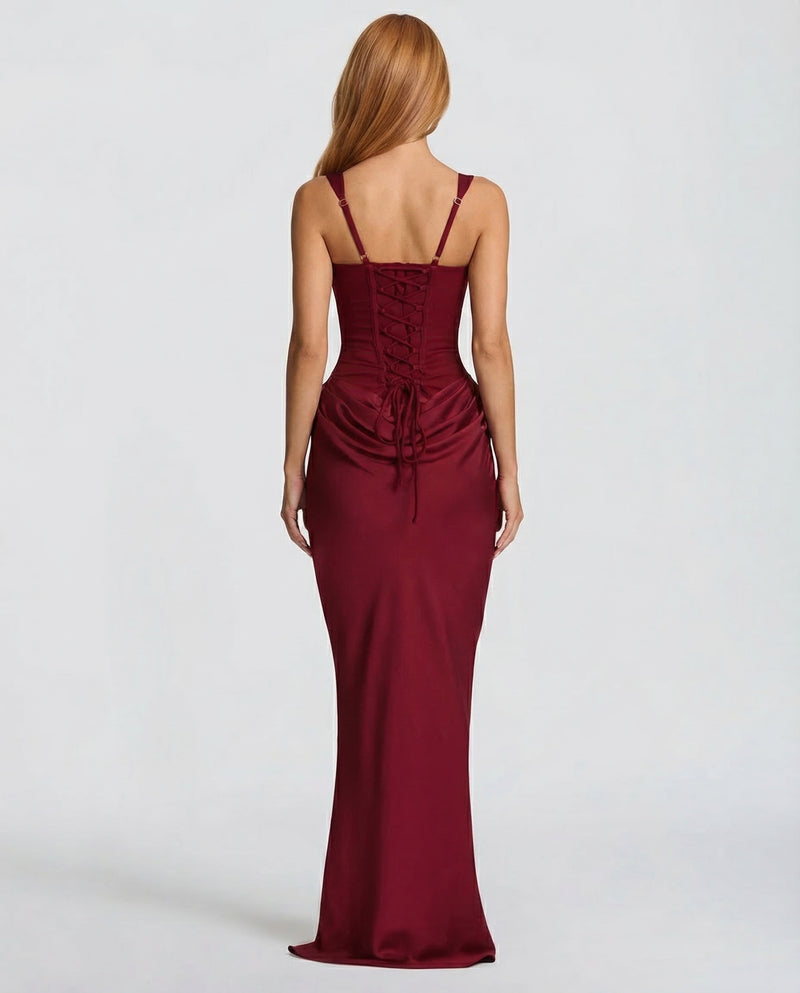 Square Neck Corset Bodice Ruched Satin Maxi Gown 15