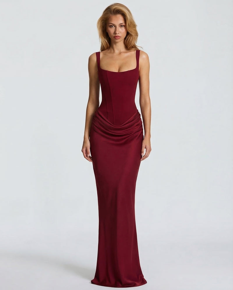 Square Neck Corset Bodice Ruched Satin Maxi Gown 14