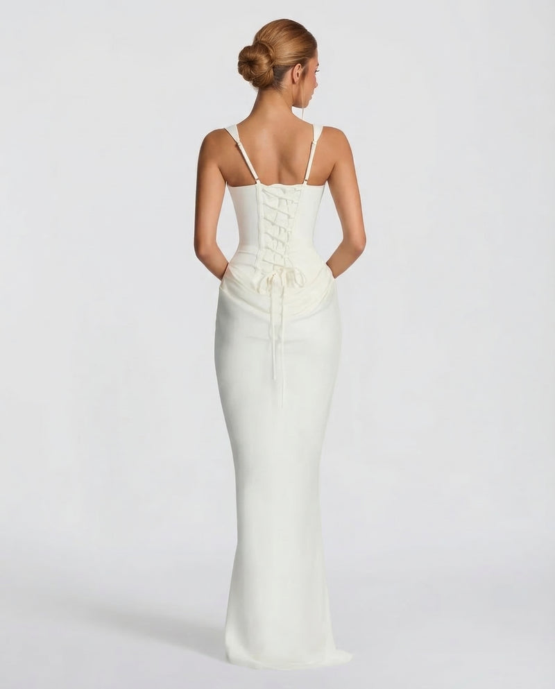 Square Neck Corset Bodice Ruched Satin Maxi Gown 11