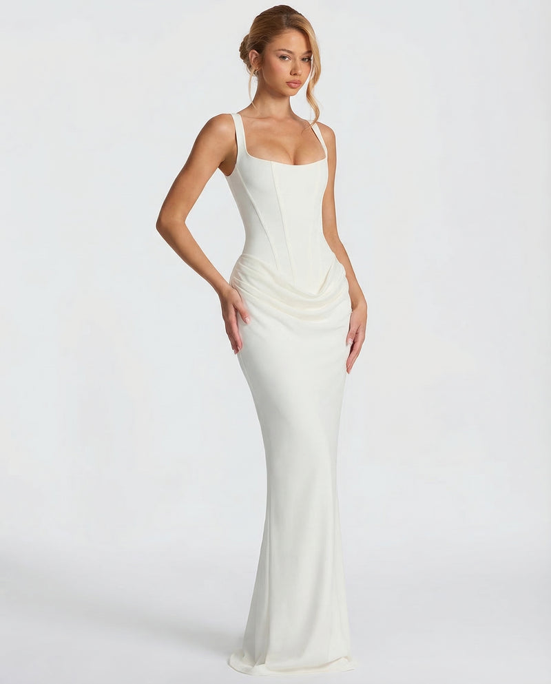 Square Neck Corset Bodice Ruched Satin Maxi Gown 13