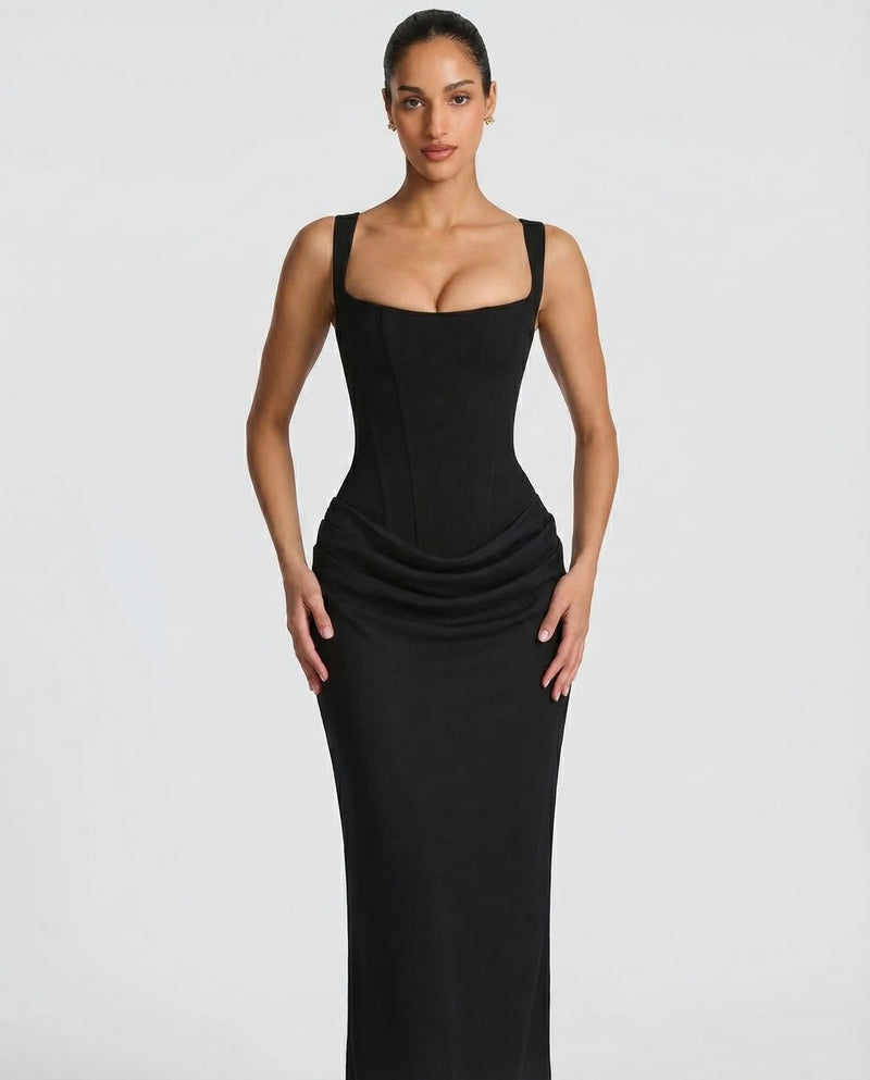 Square Neck Corset Bodice Ruched Satin Maxi Gown 8