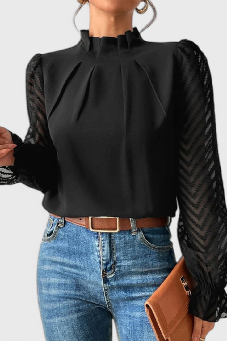 Mock Neck Sheer Lace Long Sleeve Ruffle Blouse 5