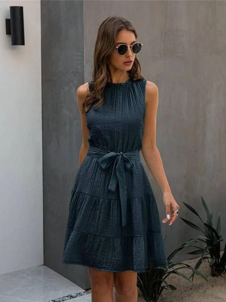 Ruffle Mock Neck Sleeveless Tie Waist Tiered Summer Mini Dress