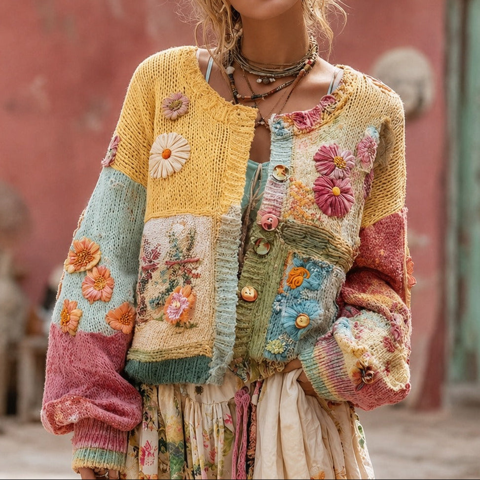 Floral Patchwork Button Front Knit Cardigan
